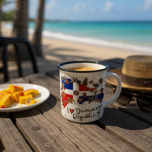 Taza hecha en cerámica resistente, con acabado brillante, borde negro y diseño estilo retro.