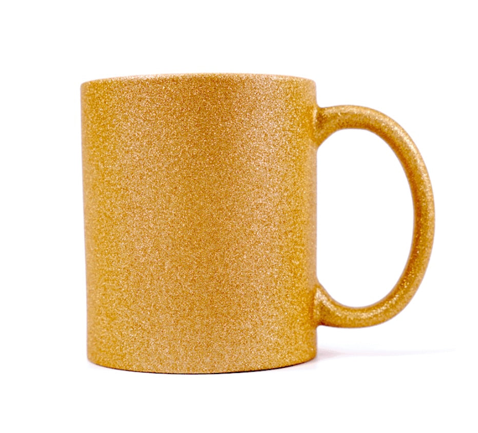 Taza de cerámica con purpurina personalizable.