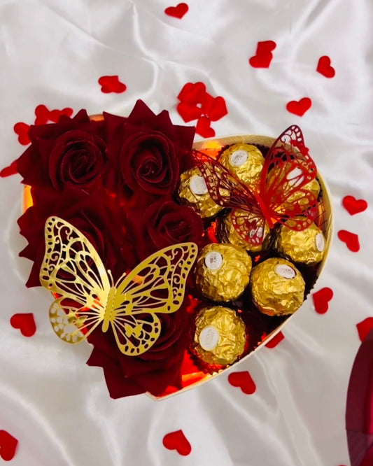 Arreglo Romántico de Rosas y Chocolates.